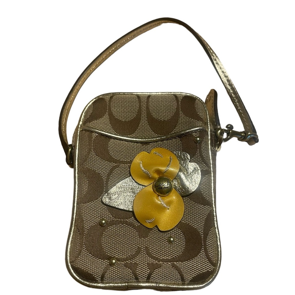 Authentic Coach Brown Tan Signature C Wristlet with Flower.
